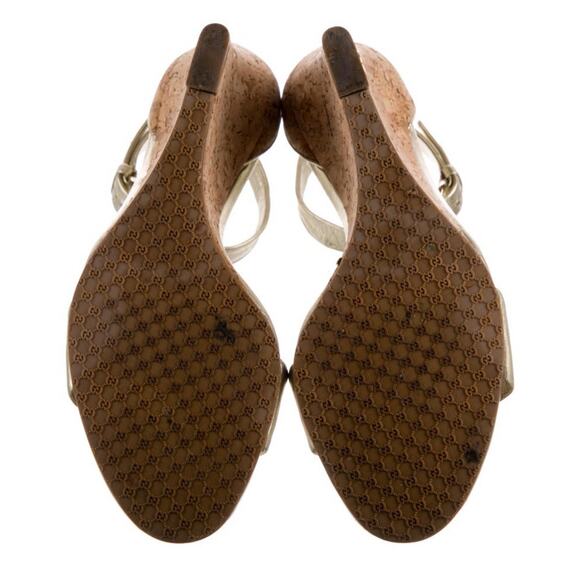 AUTH GUCCI Gold Leather Ankle Strap Cork Wedge Heel Sandals Rubber Sole Size 7.5 - Picture 6 of 6